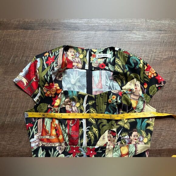 GRACE KARIN tropical Frida Kahlo dress Cap-Sleeve Sweetheart Sheath Sz L artsy - Picture 10 of 16
